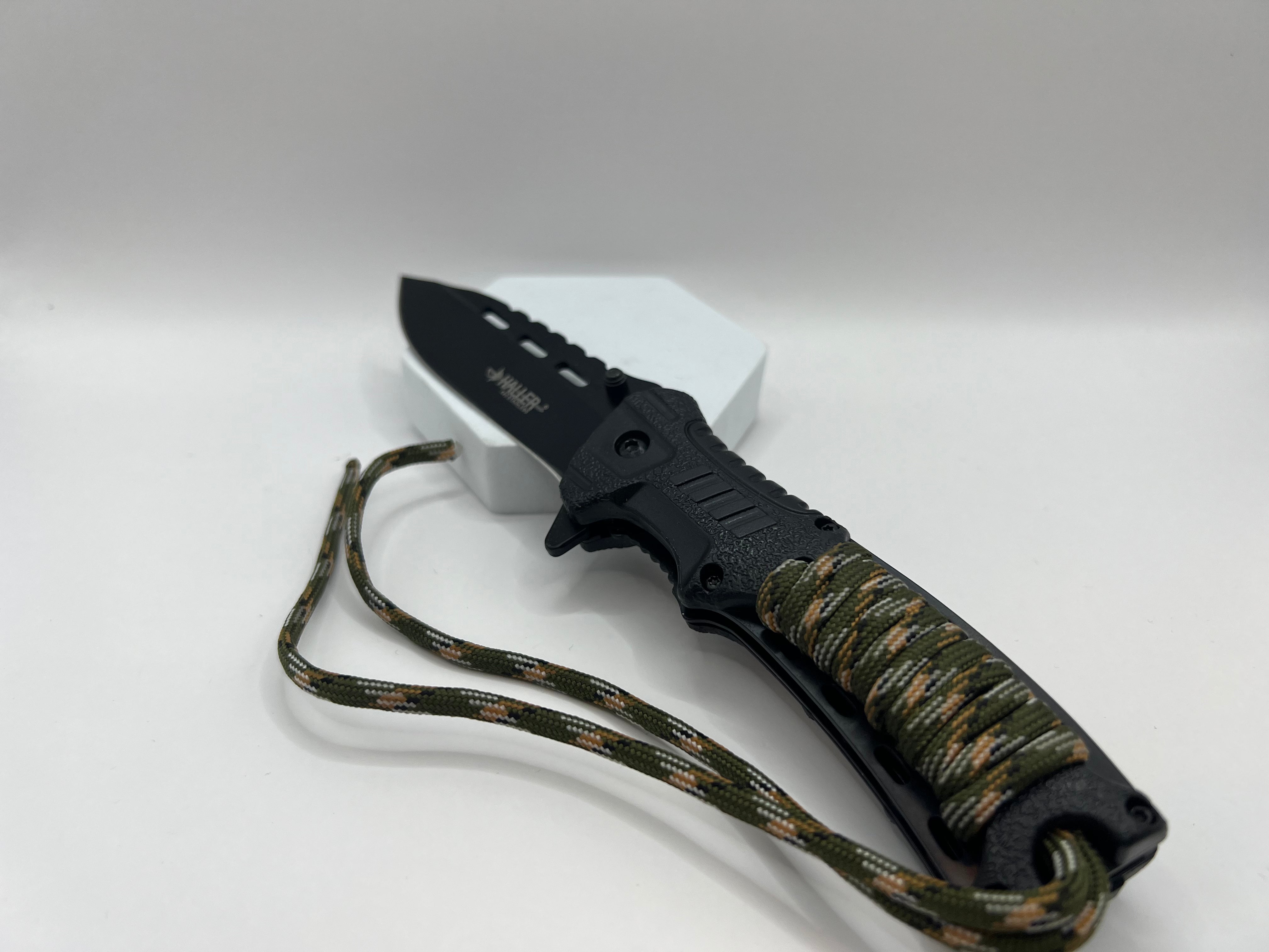 Tactical camo one-hand knife with fire starter and clip